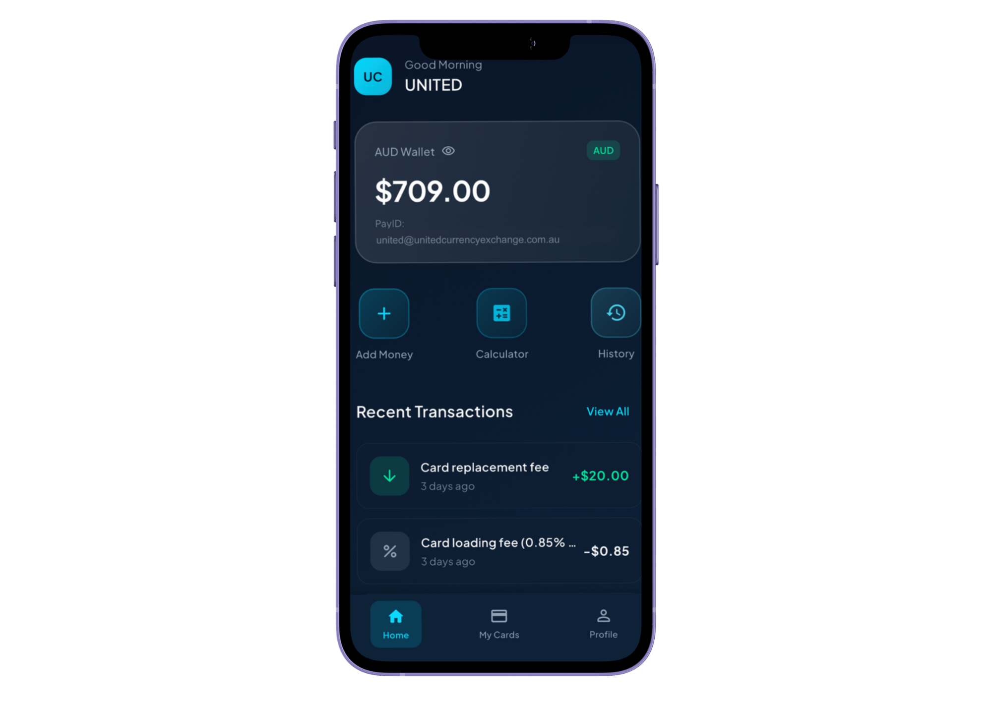 UCE AUD wallet with funds loaded
